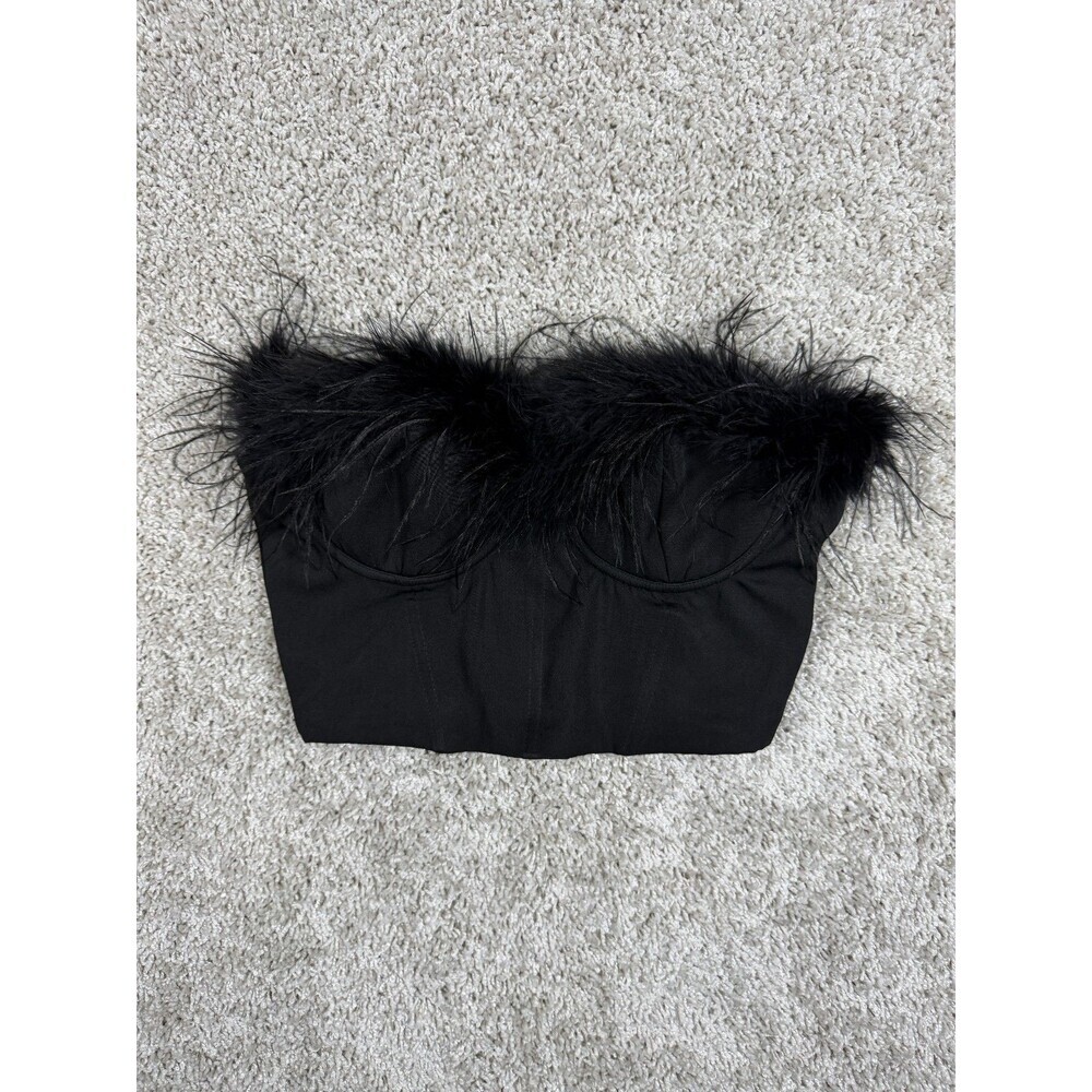 Windsor Feather Trim Corset Crop Top Black Strapless Bustier XS